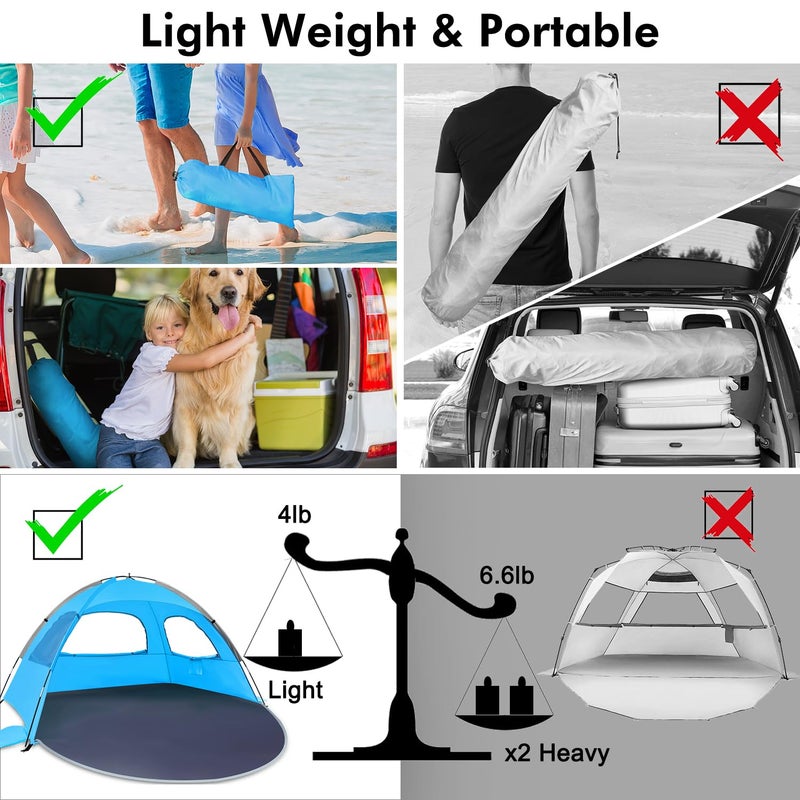 WhiteFang Beach Tent Anti-UV Portable Sun Shade Shelter for 3 Person, Extendable Floor with 3 Ventilating Mesh Windows Plus Carrying Bag, Stakes and Guy Lines (Blue) - Image 3