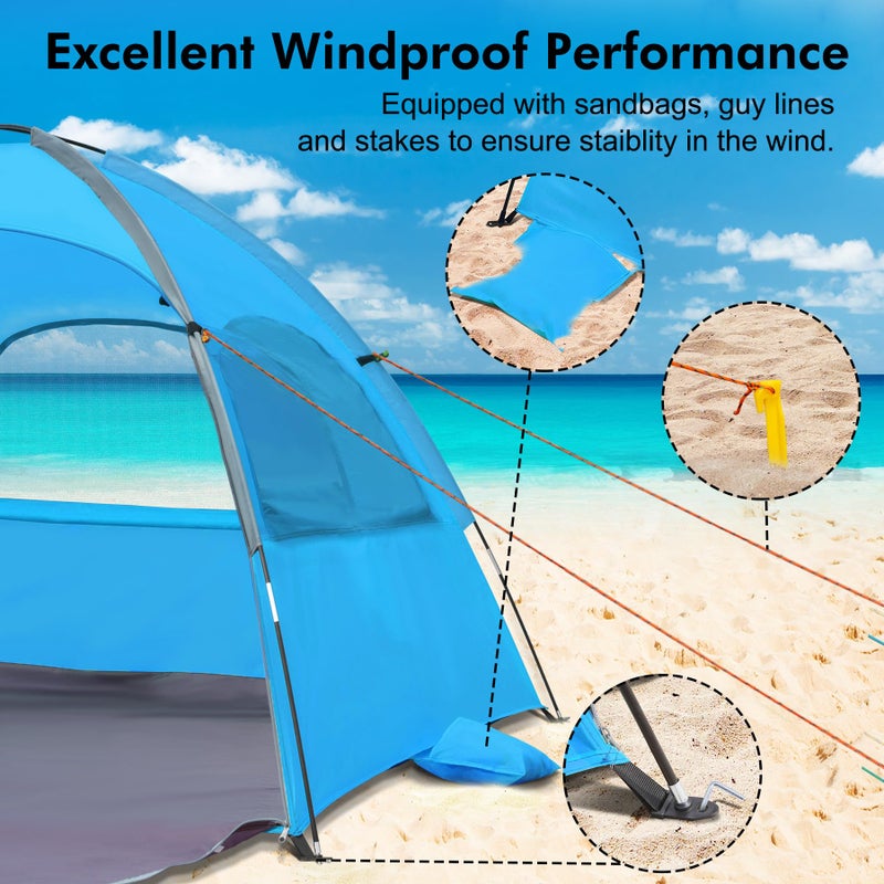 WhiteFang Beach Tent Anti-UV Portable Sun Shade Shelter for 3 Person, Extendable Floor with 3 Ventilating Mesh Windows Plus Carrying Bag, Stakes and Guy Lines (Blue) - Image 2