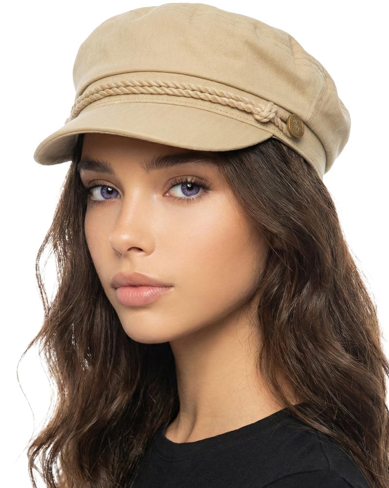 Funky Junque Cotton Newsboy Hat for Women â€“ Trendy Greek Fisherman Cap, Classic Baker Boy Newsies Hats, Stylish Lightweight Ladies Cap - Khaki - Image 1