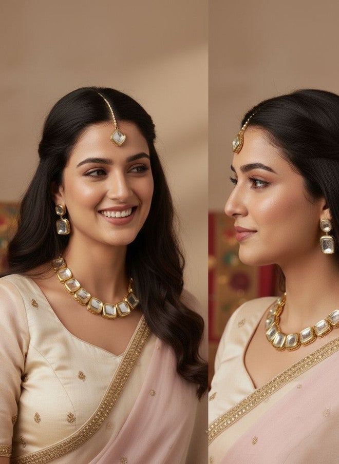 LUCKY JEWELLERY 18K Gold-Plated Kundan-Studded Jewellery Set - Image 3