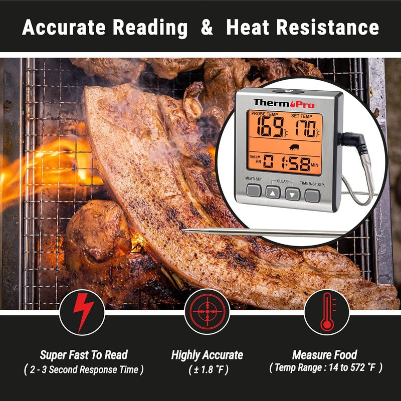 ThermoPro ترمومتر لحم رقمي زجاجي TP-16S - ترمومتر دقيق للحلويات والطعام للمدخن والشواء والشواء مع مؤقت طهي ذكي وإضاءة خلفية - Image 2