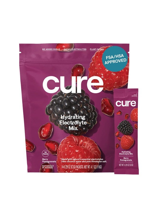 Cure Hydration Cure Hydrating Electrolyte Mix ; Powder For Dehydration Relief ; Fsa & Hsa Eligible ; Made With Coconut Water ; No Added Sugar ; Vegan ; Paleo Friendly ; Pouch Of 14 Packets Berry Pomegranate  - Image 1