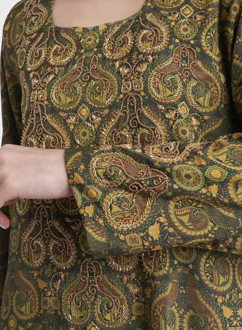 KASHKHA A-line Printed Chiffon Jalabiya with Handwork