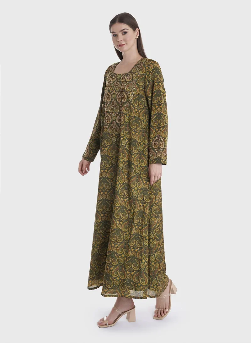 KASHKHA A-line Printed Chiffon Jalabiya with Handwork