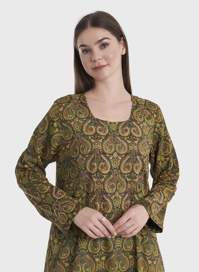 KASHKHA A-line Printed Chiffon Jalabiya with Handwork