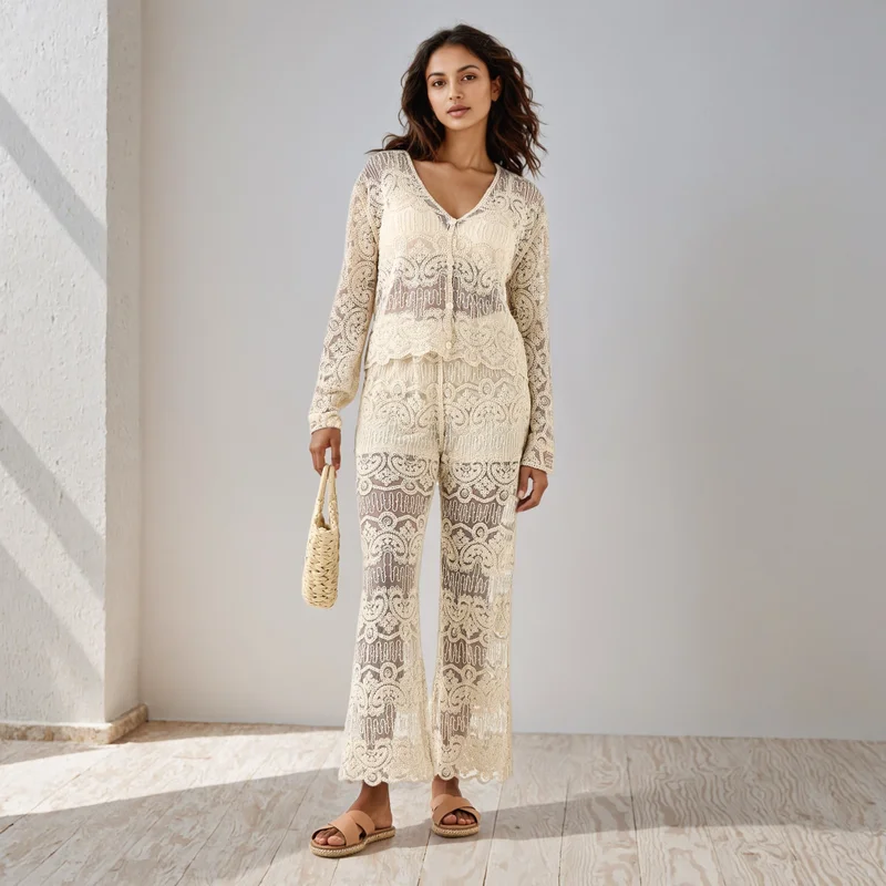 2Xtremz 2Xtremz Crochet Texturted Wide-Leg Pants