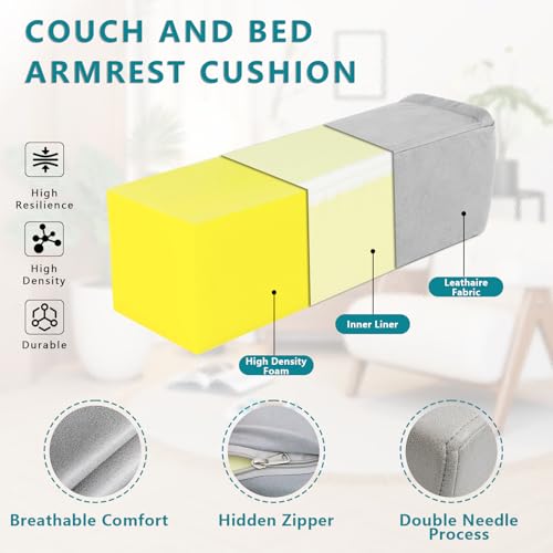 M Mute Touch 2 Pack Couch Arm Rest Pillow 6x6x20 Faux Leather Waterproof Cover High Density Foam Armrest Cushion Removable Washable Elbow Support for Sofa Bed and Armchair Medium Grey - Image 3