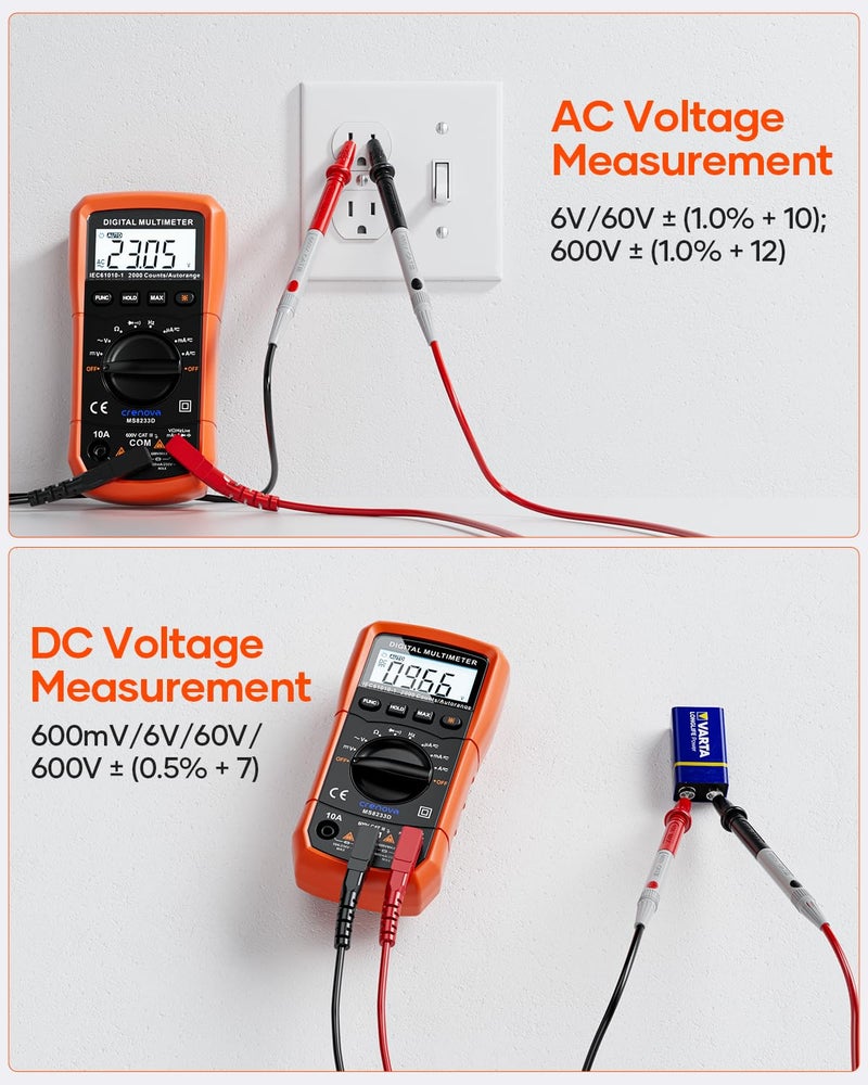 Crenova MS8233D Multimeter 6000 Counts Digital Multimeter DC AC Volt Meter Ohm Volt Amp Tester Measures Voltage Current Resistance Capacitance Continuity Diode Duty-Cycle Frequency NCV Live Wire Test - Image 5