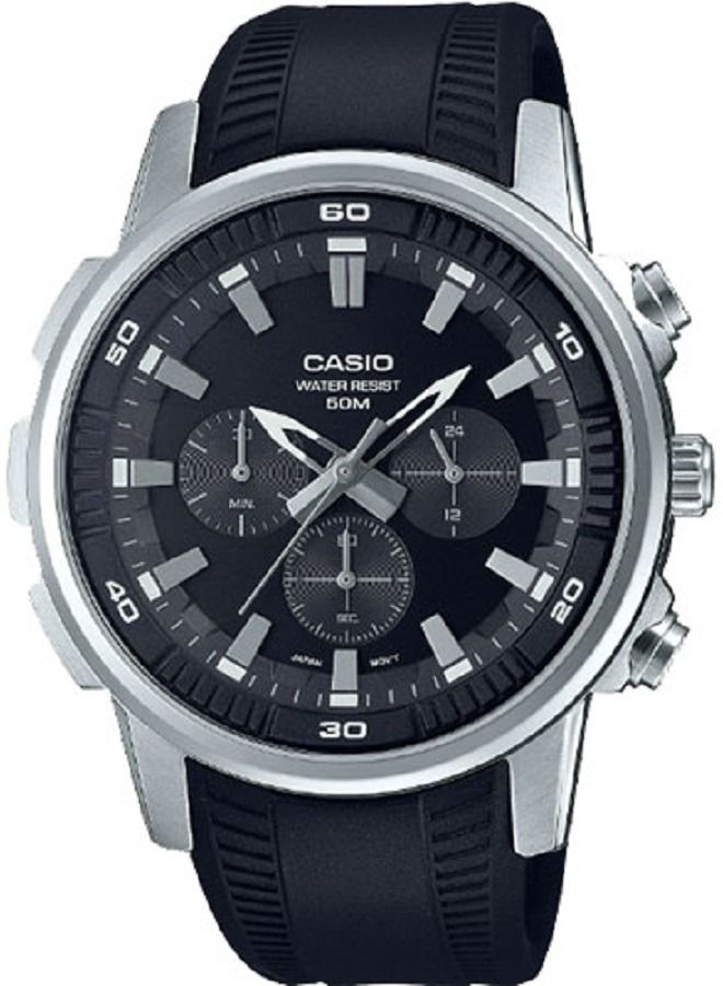 Casio Watch Men Analog Multi Hands Black Dial Resin Band MTP-E505-1AVDF. - Image 1