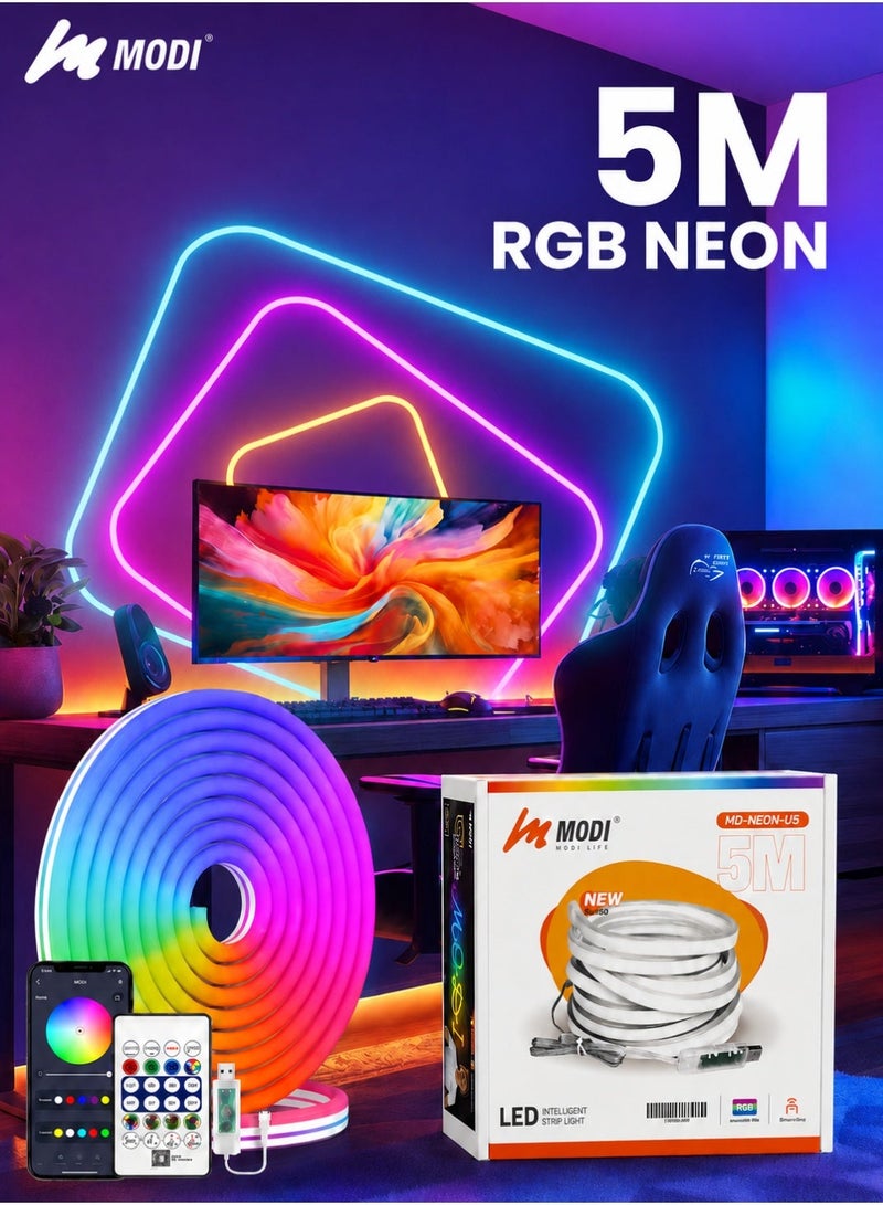 MODI 5 Meters RGB LED Neon Strip Light, 5 Lighting Modes, USB Powered Flexible Rope Light With Remote & App Control, Music Sync, DIY Shape Neon Lighting For Bedroom Gaming Room TV Party Decor - Image 2