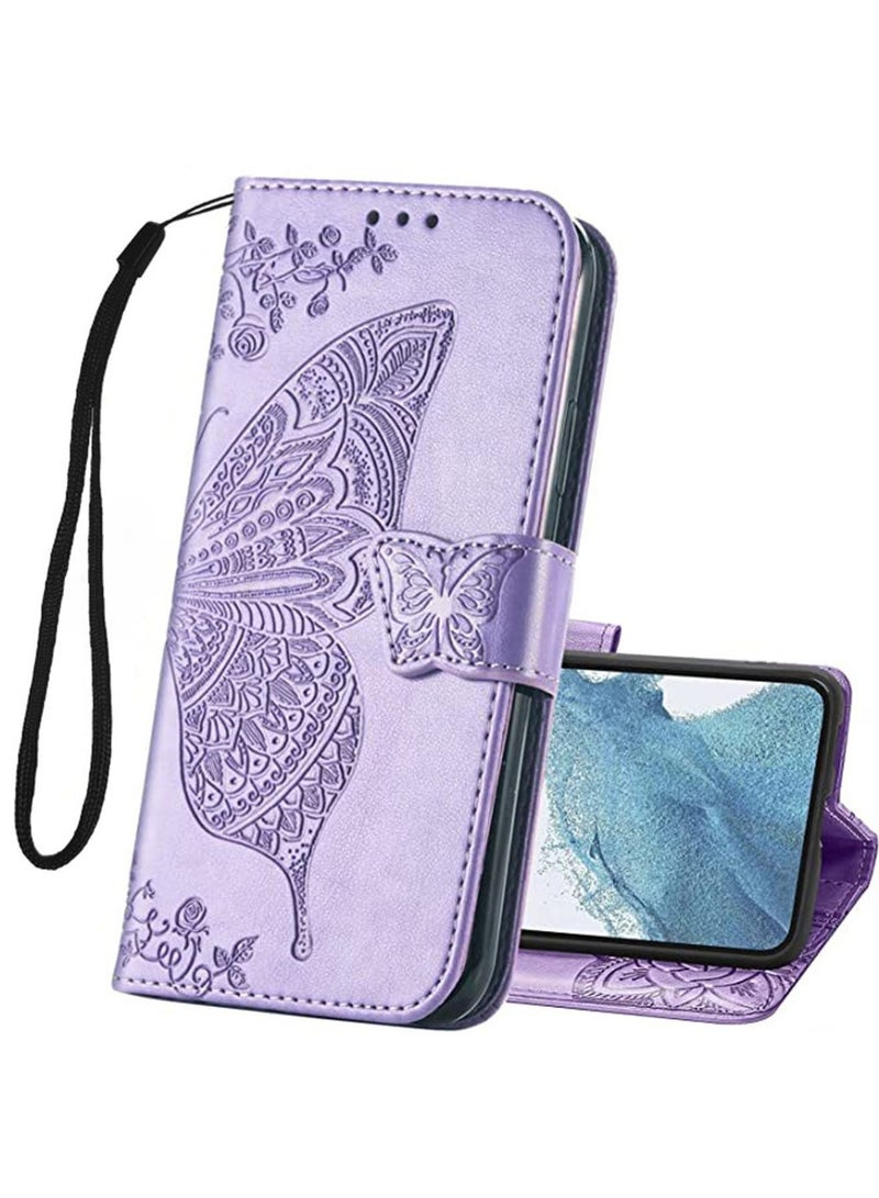 Samsung Galaxy A54 5G Wallet Case Cover with PU Leather Wallet Flip Protective Magnetic Case with Wrist Strap Card Slots Holder Pocket Butterfly Flower Stand Cas Purple  - Image 1