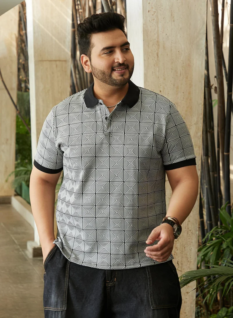 Instafab Plus Men's Black & White Optical-Illusion Polo T-Shirt For Casual Wear | Polo Neck | Short Cuffed Sleeves | Half-Button Closure | Plus Size T-Shirt Crafted With Comfort Fit For Everyday Wear