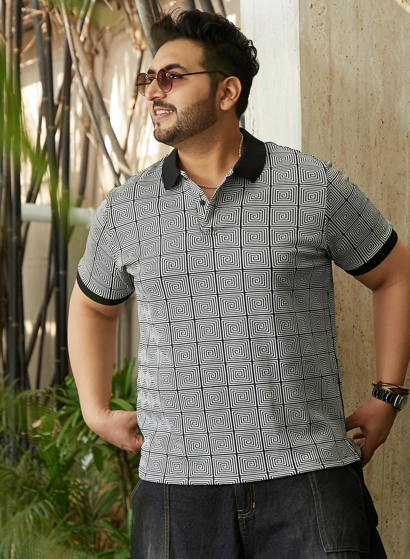 Instafab Plus Men's Black & White Optical-Illusion Polo T-Shirt For Casual Wear | Polo Neck | Short Cuffed Sleeves | Half-Button Closure | Plus Size T-Shirt Crafted With Comfort Fit For Everyday Wear