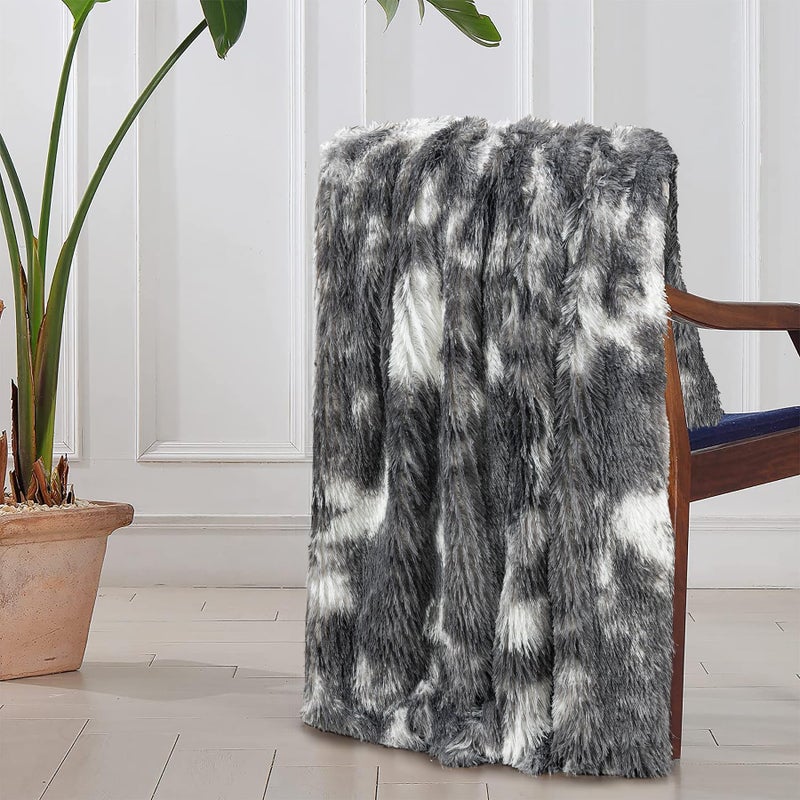 Tuddrom Decorative Extra Soft Fuzzy Faux Fur Throw Blanket 50"" x 60"" Solid Reversible Long Hair Shaggy Blanket Fluffy Cozy Plush Comfy Microfiber Fleece Blanket for Couch Sofa Bedroom Tie Dye Grey - Image 5