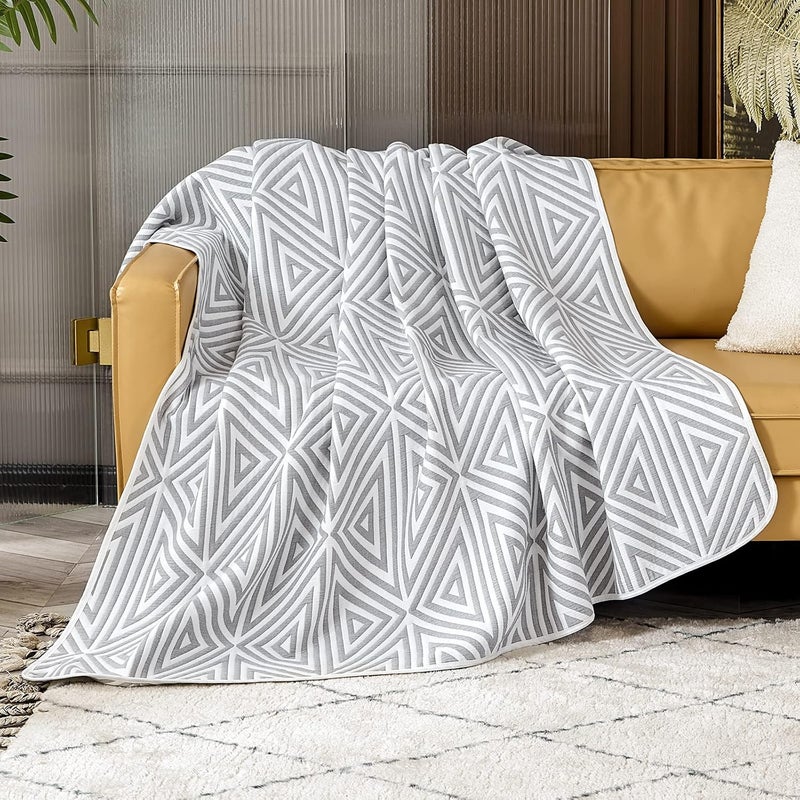 EMME Cotton Queen Blanket for Bed - 6 Layer Soft Quilt Thicken 400GSM Triangle Jacquard Blanket 90"x 90", Cotton Comforter for Dorm Bed Couch Chair and All Seasons(Grey,Queen) - Image 3