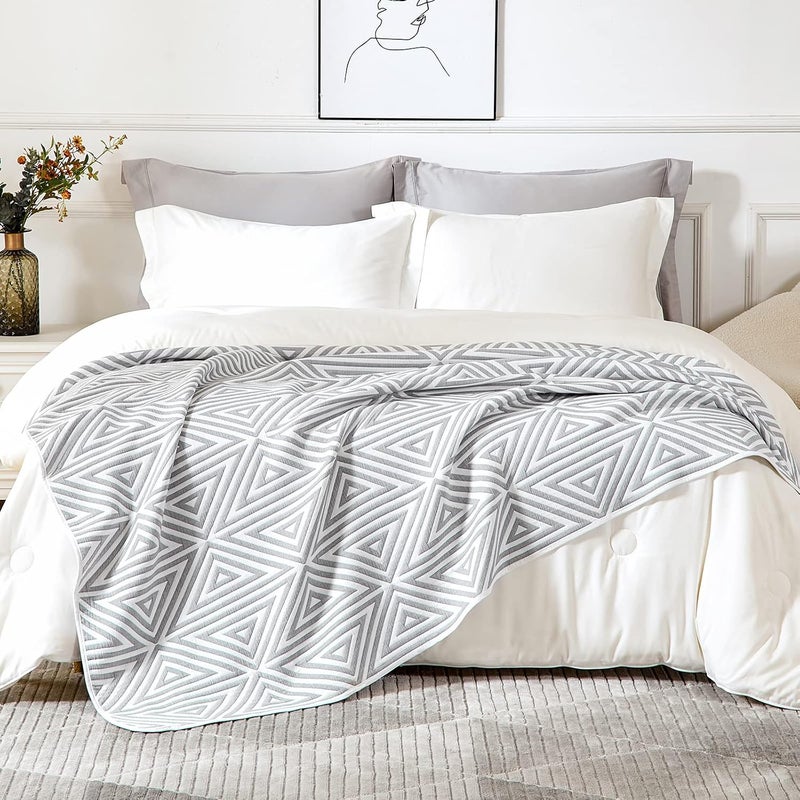 EMME Cotton Queen Blanket for Bed - 6 Layer Soft Quilt Thicken 400GSM Triangle Jacquard Blanket 90"x 90", Cotton Comforter for Dorm Bed Couch Chair and All Seasons(Grey,Queen) - Image 2