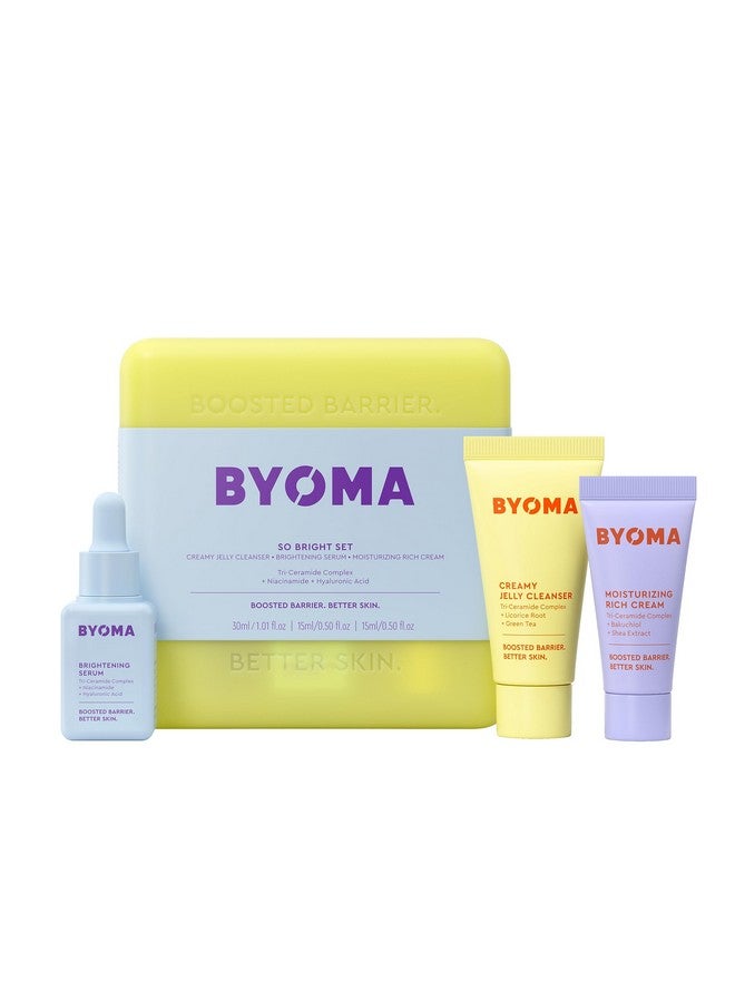 بيوما مجموعة BYOMA So Bright - مجموعة العناية بالبشرة لإصلاح الحاجز لبشرة أكثر إشراقًا - منظف جيلي كريمي، سيروم مفتح للوجه ومرطب سيراميد للوجه - عناية بالبشرة خالية من الكحول - 30 مل، 15 مل، 15 مل - Image 1