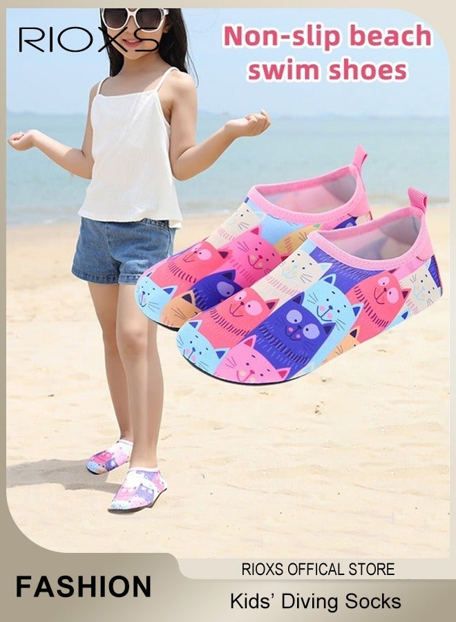 RIOXS Boys' Girls' Beach Socks Water Shoes, Flat Comfort Athlesiure Shoes for Toddler Baby, Quick Dry Aqua Socks Shoes, Outdoor Beach Walking Shoes, Summer Beach Swimming Pool Water Park Barefoot Shoe, Sports Shoes Barefoot Aqua Socks for Little/ Big Kids, Pink Blue Cat Slip-ons Sock Shoes - Image 1