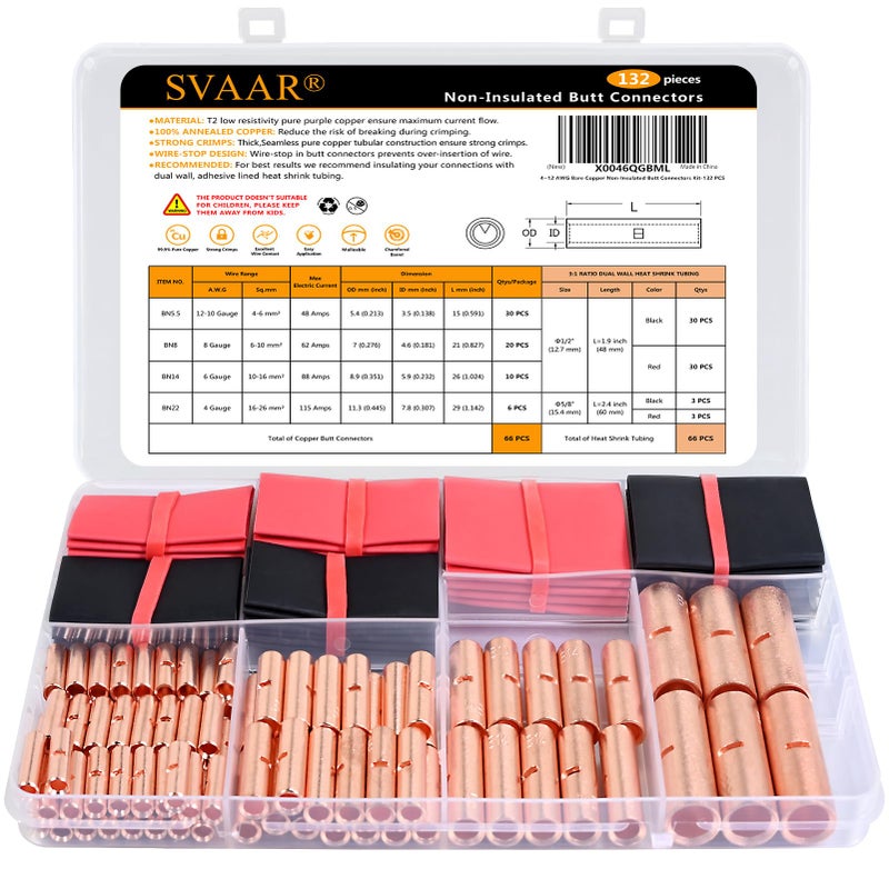 SVAAR Butt Connectors Kit 132PCS 4/6/8/12-10 Gauge Crimp Butt Splice Wire Connectors Non Insulated Butt Splice Connectors Bare Pure Copper 66 PCS Uninsulated Butt Terminals & 66 PCS 3:1 Heat Shrink - Image 1