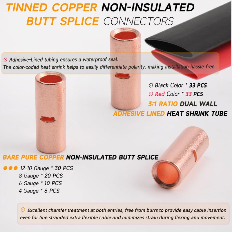 SVAAR Butt Connectors Kit 132PCS 4/6/8/12-10 Gauge Crimp Butt Splice Wire Connectors Non Insulated Butt Splice Connectors Bare Pure Copper 66 PCS Uninsulated Butt Terminals & 66 PCS 3:1 Heat Shrink - Image 2
