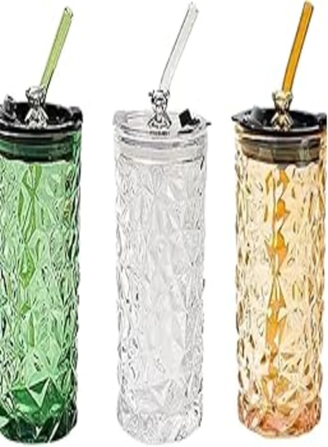 Glass Tumbler with Straw and Lid,Transparent Glasses Water Cup with Straw,Colored Glass Drinking Jars for Juice Beverages Iced Coffee Tea Smoothie Soda Milk,350ml,Set of 1 (Color AS Available)