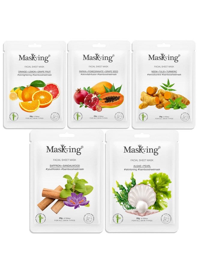 MasKing Bamboo Facial Sheet Mask of Orange, Papaya, Neem, Saffron & Algae Ideal for Women & Men, 100ml (Combo Pack of 5) - Image 1