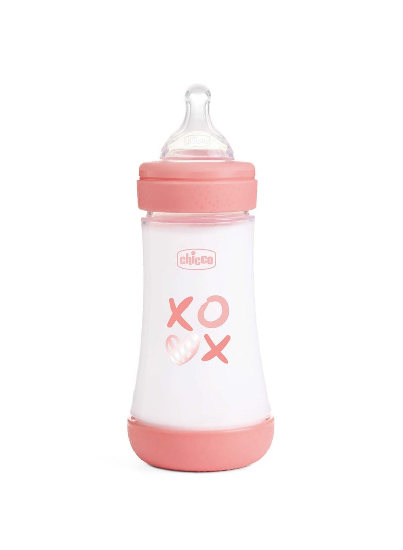 Chicco Perfect 5 Feeding Bottle 240ml Medium Flow 2m+ Silicone, Pink