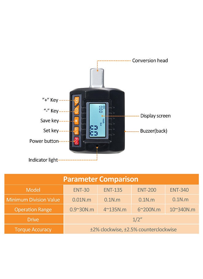 Generic - ENT-30 Digital Torque Meter Set Wrench Torque Tester 1/2'' Drive Torque Gauge with Sound Light Alarm Function High Accuracy 4 Torque Units Backlit Display, with Ratchet Wrench - Image 1