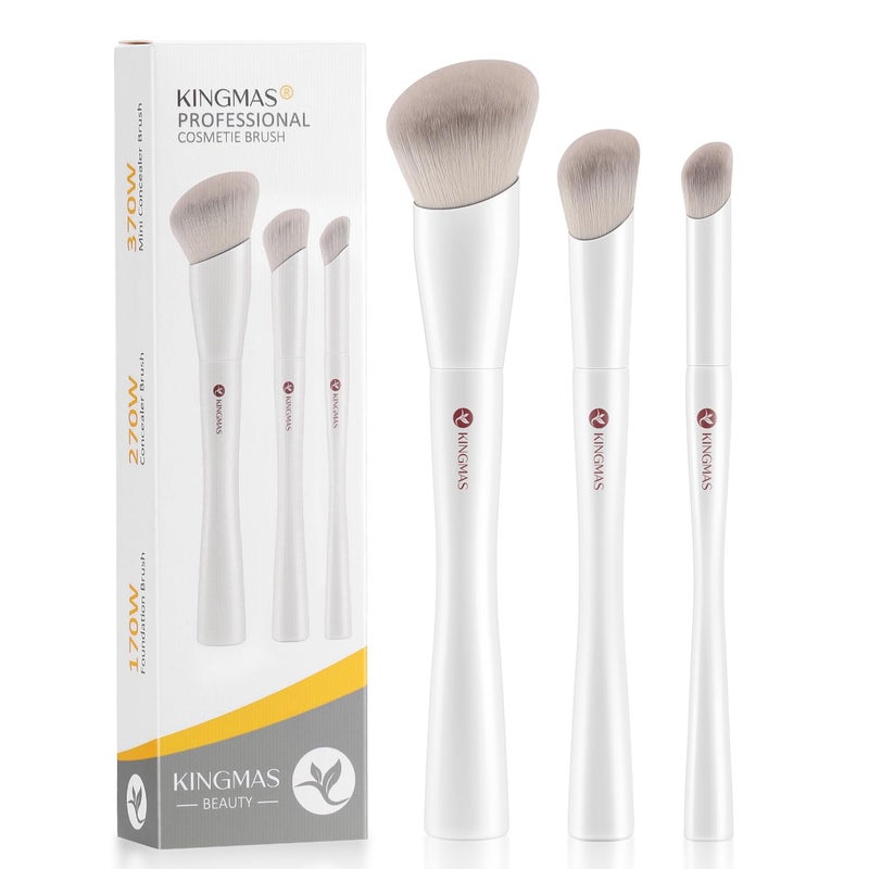 KINGMAS Angled Foundation Brush Concealer Brush, Premium Kabuki Makeup Brush for Liquid, Blending, Cream, Powder, Blush Buffing Stippling Face Makeup Tools White (White, A. 3Pcs (170W/270W/370W)) - Image 1