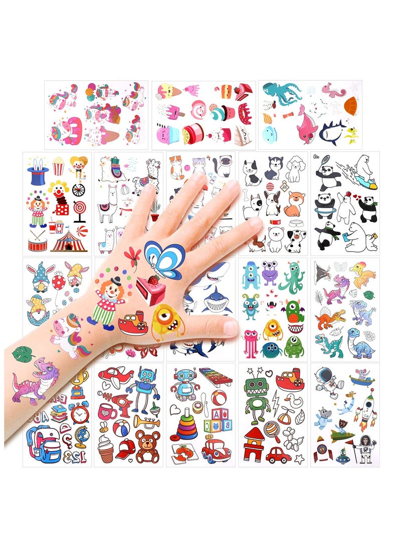 قوس قزح أورينبو 18 ورقة وشم مؤقتة للأطفال 197 قطعة وشم كرتوني مختلط الأنماط يتوهج في الظلام وشم وحيد القرن المضيء والفراشة وسمك القرش والوحش وشم حلو للأولاد والبنات وأعياد الميلاد والعودة إلى المدرسة - Image 2