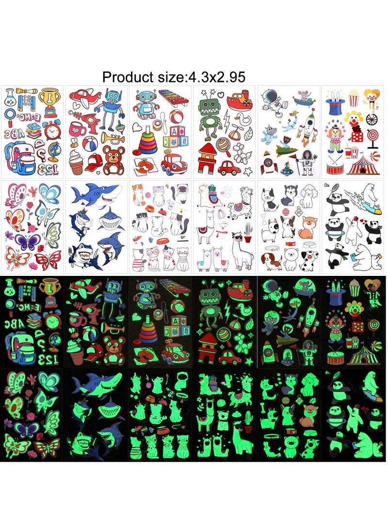 قوس قزح أورينبو 18 ورقة وشم مؤقتة للأطفال 197 قطعة وشم كرتوني مختلط الأنماط يتوهج في الظلام وشم وحيد القرن المضيء والفراشة وسمك القرش والوحش وشم حلو للأولاد والبنات وأعياد الميلاد والعودة إلى المدرسة - Image 3