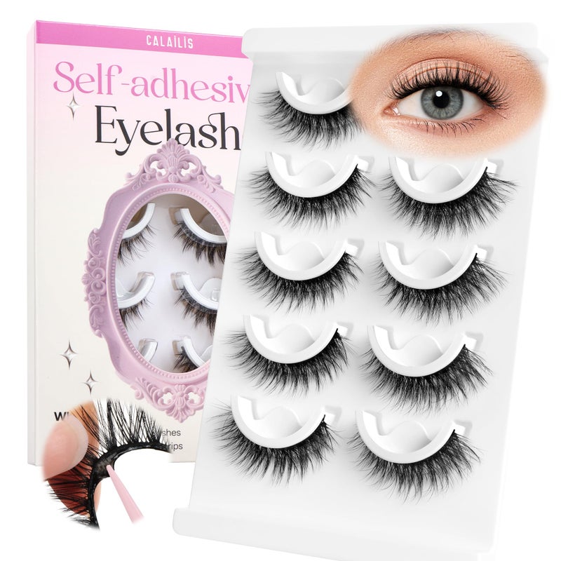 CALAILIS Self Adhesive Eyelashes Natural Look Wispy Press On Lashes No Glue Need Eyelashes 5 Pairs Reusable Cat Eye Self-adhesive False Lashes (C122) - Image 1