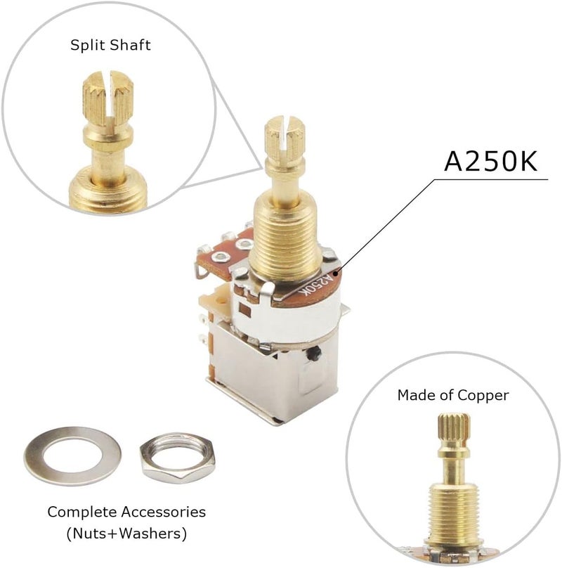 FLEOR 2pcs A250K Push Push Guitar Pots Audio Taper Potentiometers Long Copper Split Shaft - Image 3
