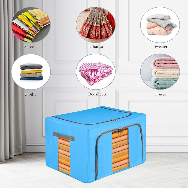 Kuber Industries Pack of 4 Clothes Storage Box 66 Liter Foldable Parachute Steel Frame Wardrobe Organizer Waterproof Storage Box for Blankets Underbed Storage Bag Sky Blue Yellow - Image 4