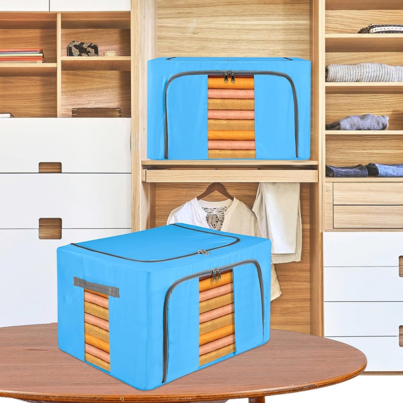 Kuber Industries Pack of 4 Clothes Storage Box 66 Liter Foldable Parachute Steel Frame Wardrobe Organizer Waterproof Storage Box for Blankets Underbed Storage Bag Sky Blue Yellow - Image 2