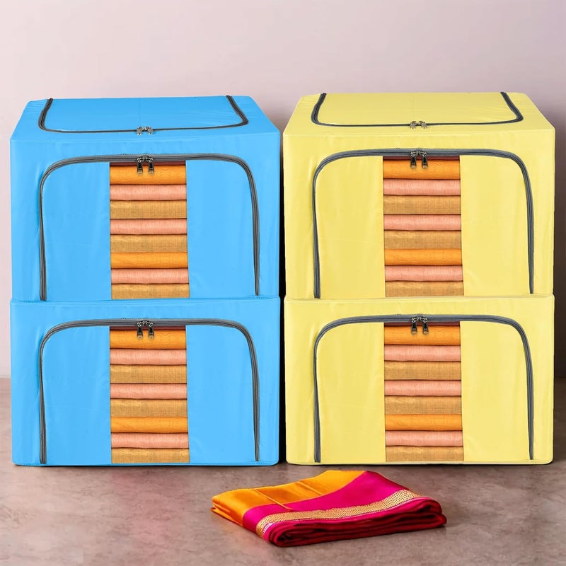 Kuber Industries Pack of 4 Clothes Storage Box 66 Liter Foldable Parachute Steel Frame Wardrobe Organizer Waterproof Storage Box for Blankets Underbed Storage Bag Sky Blue Yellow - Image 1