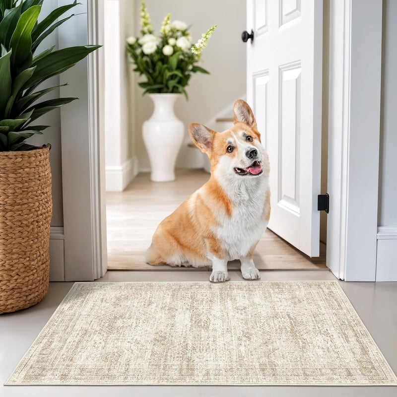 Restydon 2x3 Washable Rug Runner for Bathroom, Soft Entryway Rug for Laundry Room, Kitchen, Vintage Abstract Hallway Runner for Bedroom, Anti-Slip Door Mat Indoor Entrance(2'x3', Beige/Ivory) - Image 3