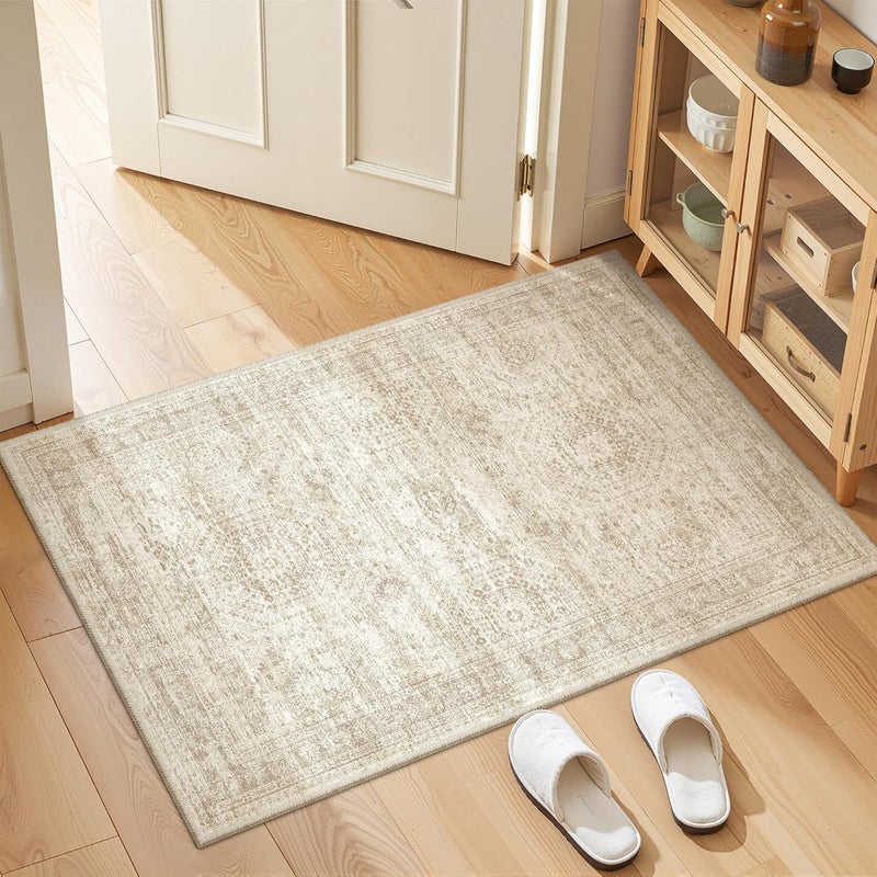 Restydon 2x3 Washable Rug Runner for Bathroom, Soft Entryway Rug for Laundry Room, Kitchen, Vintage Abstract Hallway Runner for Bedroom, Anti-Slip Door Mat Indoor Entrance(2'x3', Beige/Ivory) - Image 1