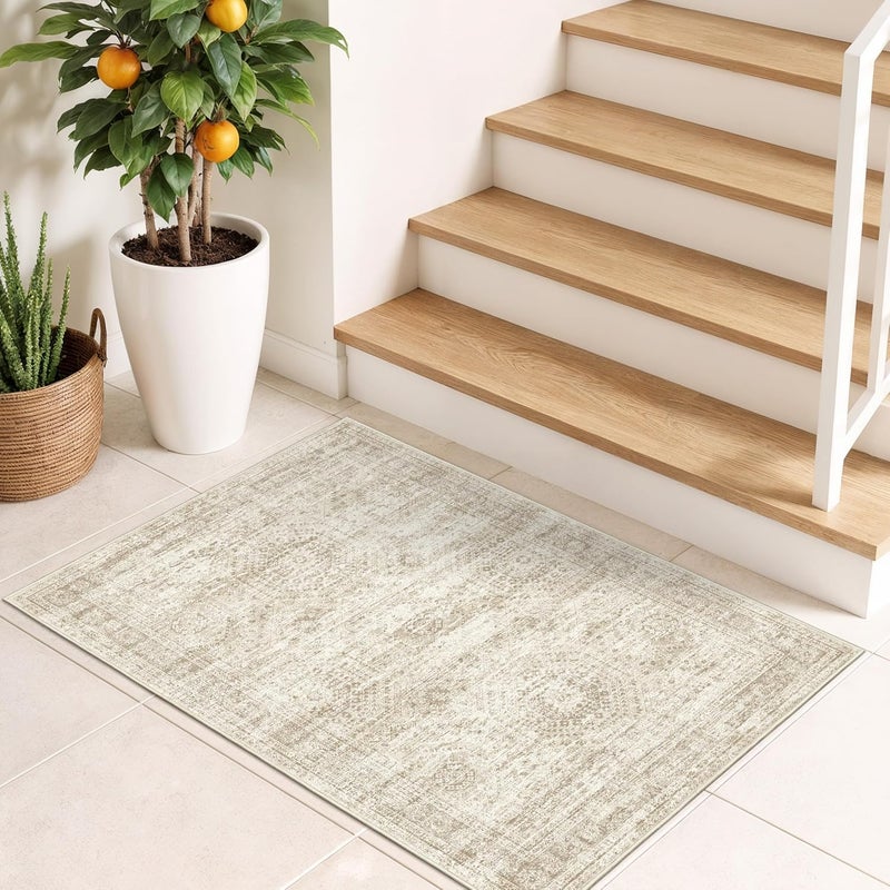 Restydon 2x3 Washable Rug Runner for Bathroom, Soft Entryway Rug for Laundry Room, Kitchen, Vintage Abstract Hallway Runner for Bedroom, Anti-Slip Door Mat Indoor Entrance(2'x3', Beige/Ivory) - Image 4