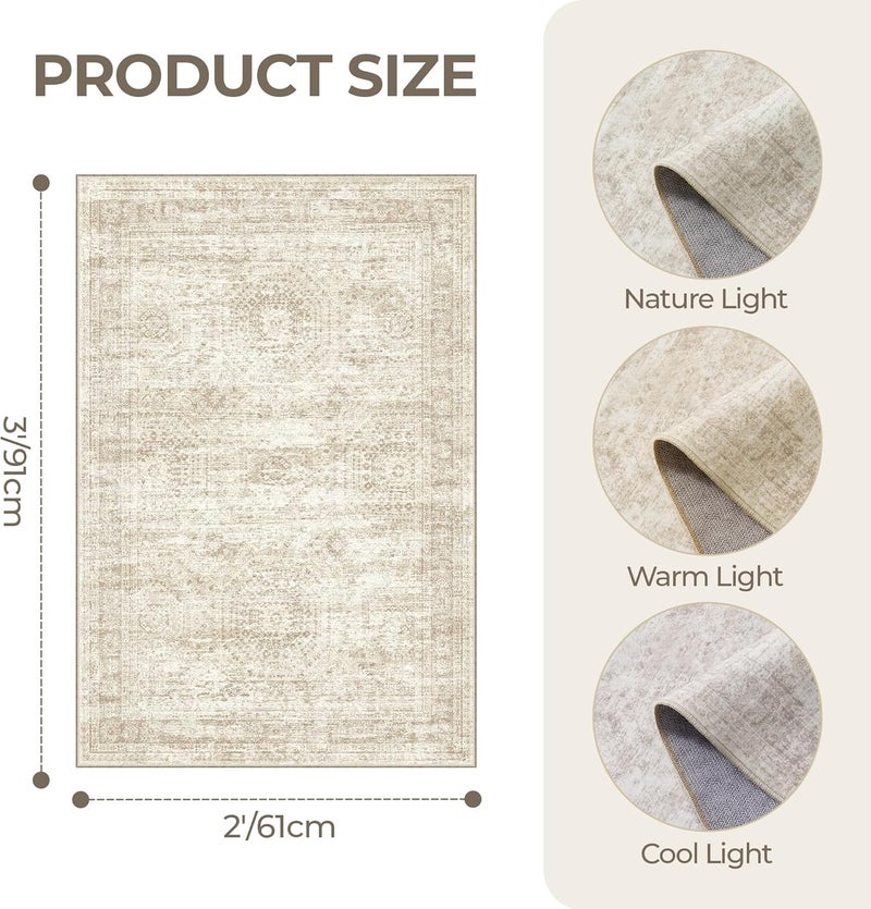 Restydon 2x3 Washable Rug Runner for Bathroom, Soft Entryway Rug for Laundry Room, Kitchen, Vintage Abstract Hallway Runner for Bedroom, Anti-Slip Door Mat Indoor Entrance(2'x3', Beige/Ivory) - Image 2