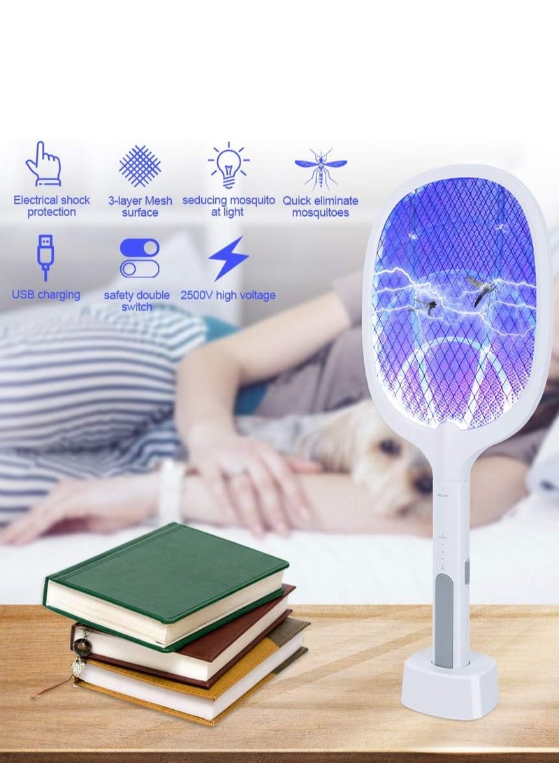 Handheld Electric Fly Swatter, Powerful 2500 Volt Mosquito Killer Mosquitoes Lamp  Racket 2 in 1, USB Rechargeable Electric Bug Zapper with Grid 3-Layer Mesh for Home and Outdoor - Image 2