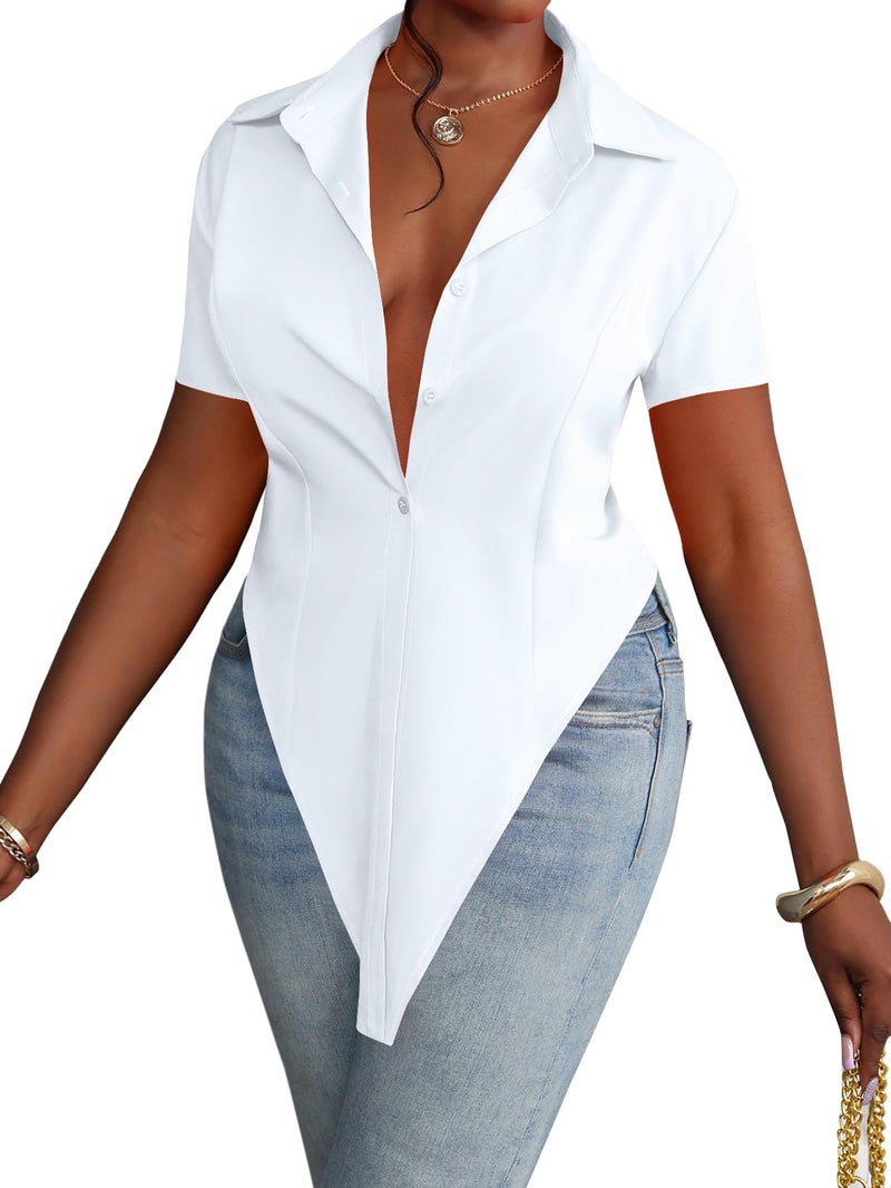 LYANER Women's Collar V Neck Button Front Short Sleeve Slit Hem Long Shirt Blouse Top Solid White X-Large - Image 1