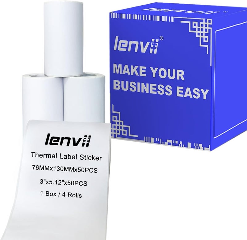 LENVII 76 x 130mm (3"x5") Thermal Labels 200 Sheets - 4 Rolls × 50 Labels, 3-Proof (Water/Oil/Scratch) Multi-Use Adhesive Stickers for Address/Barcode/FNSKU Tags - Home/Office/Product/Gift Labeling - Image 1