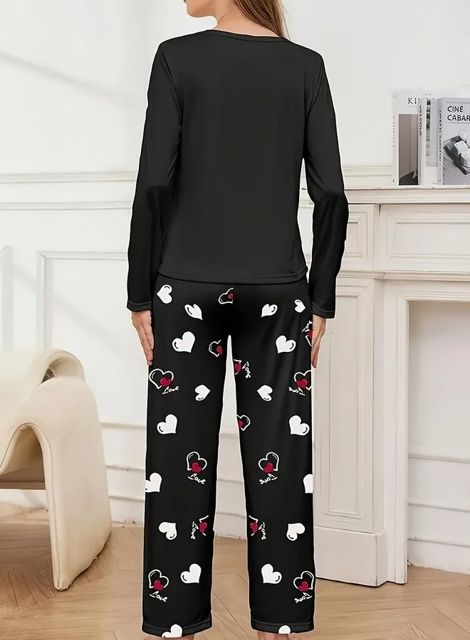 Take Two Take Two Heart Print Long Sleeve T-Shirt and Pyjama Set