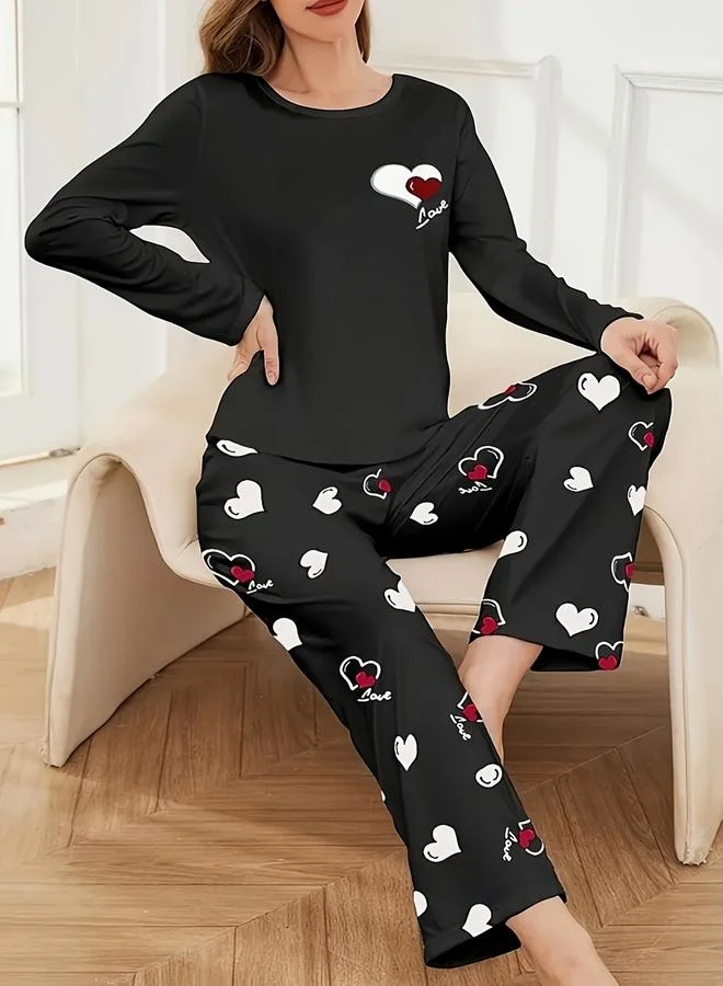 Take Two Take Two Heart Print Long Sleeve T-Shirt and Pyjama Set