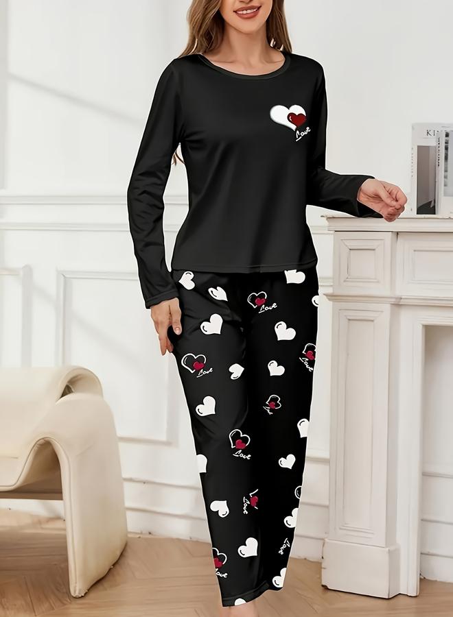 تايك تو طقم تيشيرت بأكمام طويلة بطبعة قلب مع بنطال - Image 3