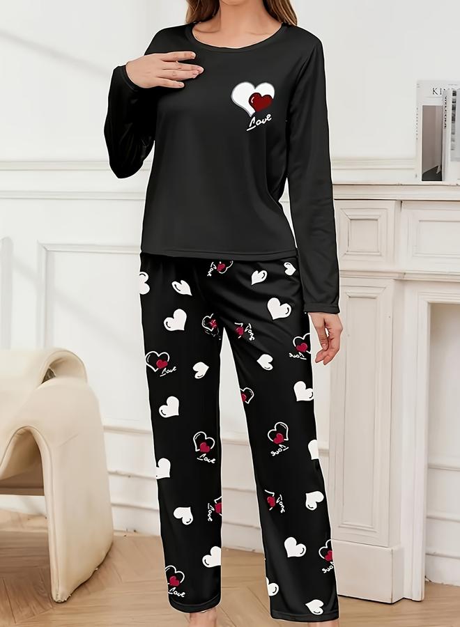 تايك تو طقم تيشيرت بأكمام طويلة بطبعة قلب مع بنطال - Image 4