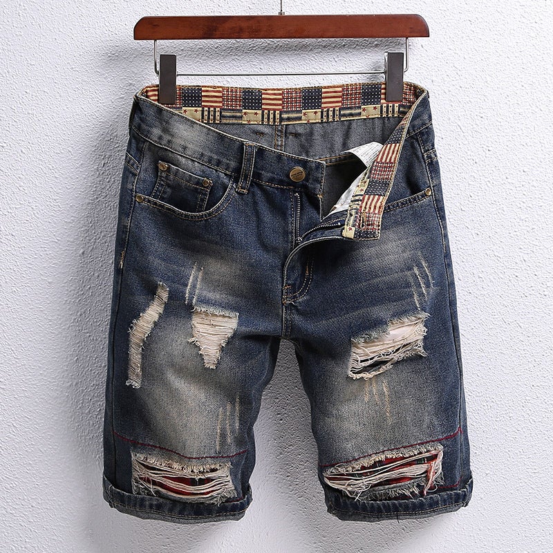 Generic Ripped Patch Five-point Jeans Mens 2022 Summer Fashion Personalized Trendy Shorts All-match Breeches Cross-border 789 blue - Image 1
