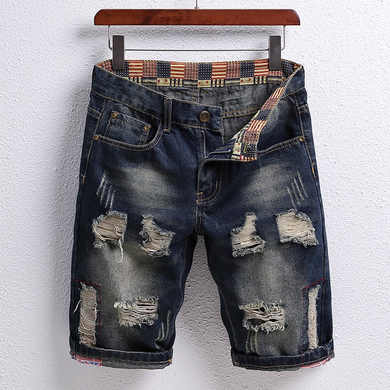 Generic Ripped Patch Five-point Jeans Mens 2022 Summer Fashion Personalized Trendy Shorts All-match Breeches Cross-border 789 blue - Image 4