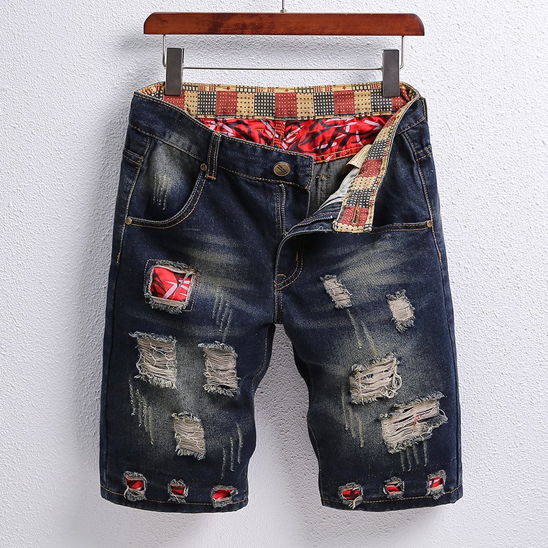 Generic Ripped Patch Five-point Jeans Mens 2022 Summer Fashion Personalized Trendy Shorts All-match Breeches Cross-border 789 blue - Image 5